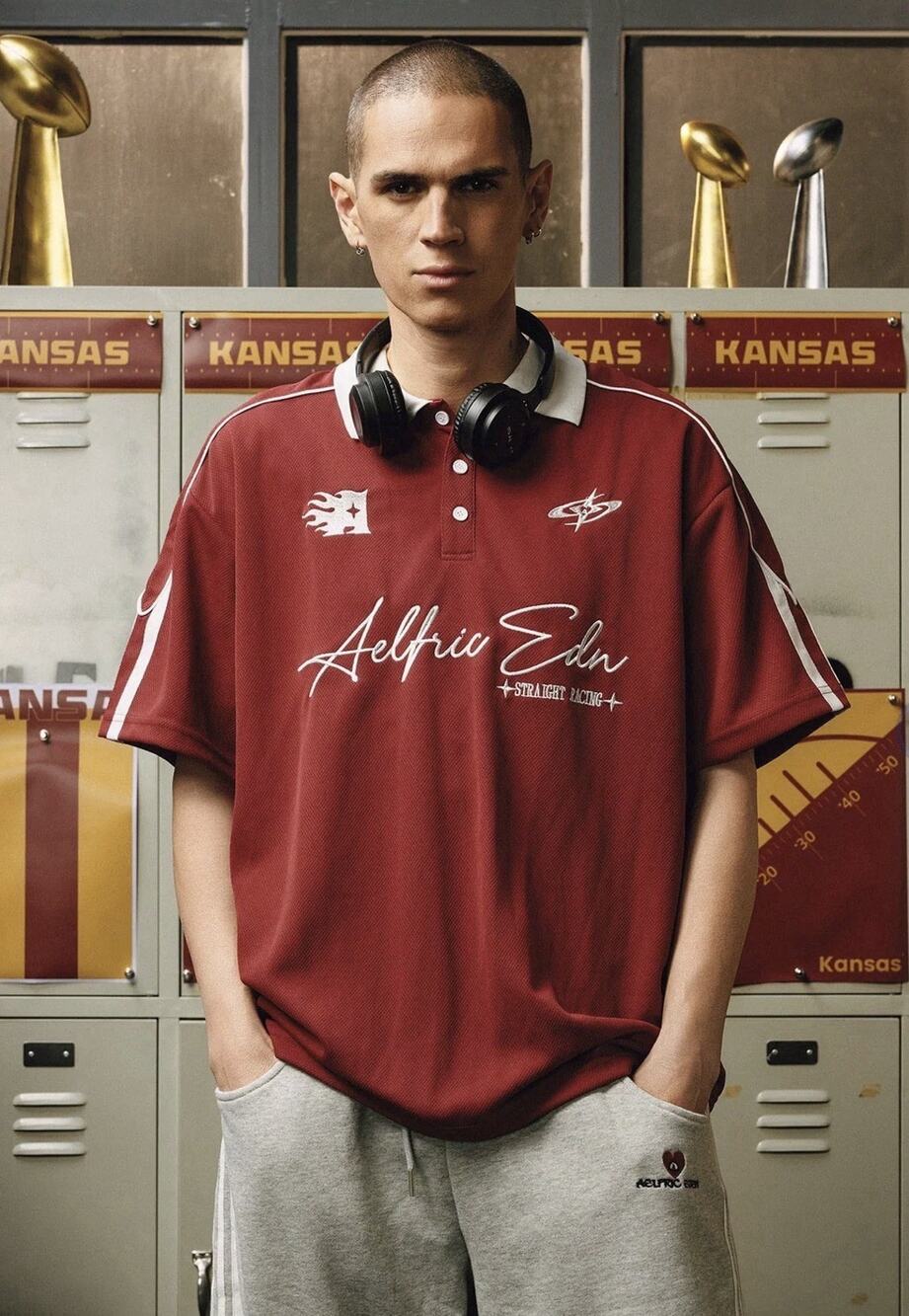 NWT Aelfric Eden Sporty Polo Soccer Jersey Red Burgundy Racing Graphic Shirt M